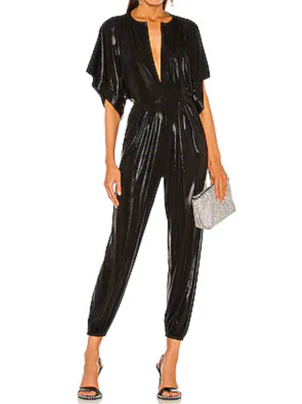 EUC Norma Kamali Black Metallic V-Neck Jumpsuit